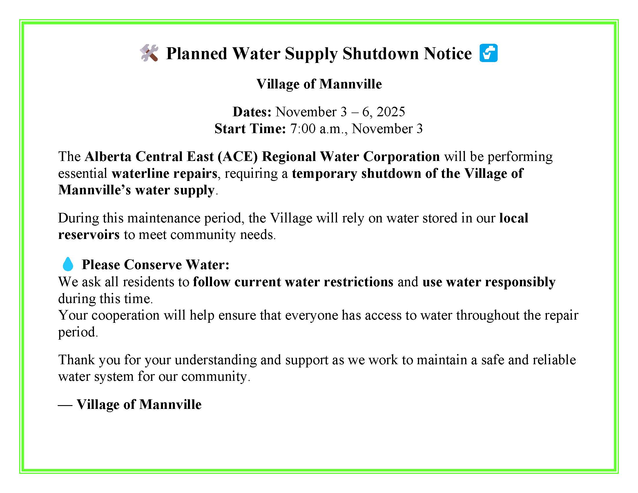 Planned Water Supply Shutdown Notice: November 3, 2025
