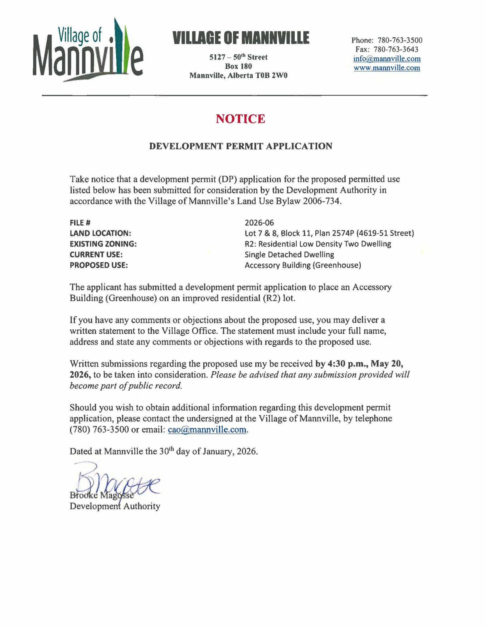 2026-06 Development Permit – Village of Mannville