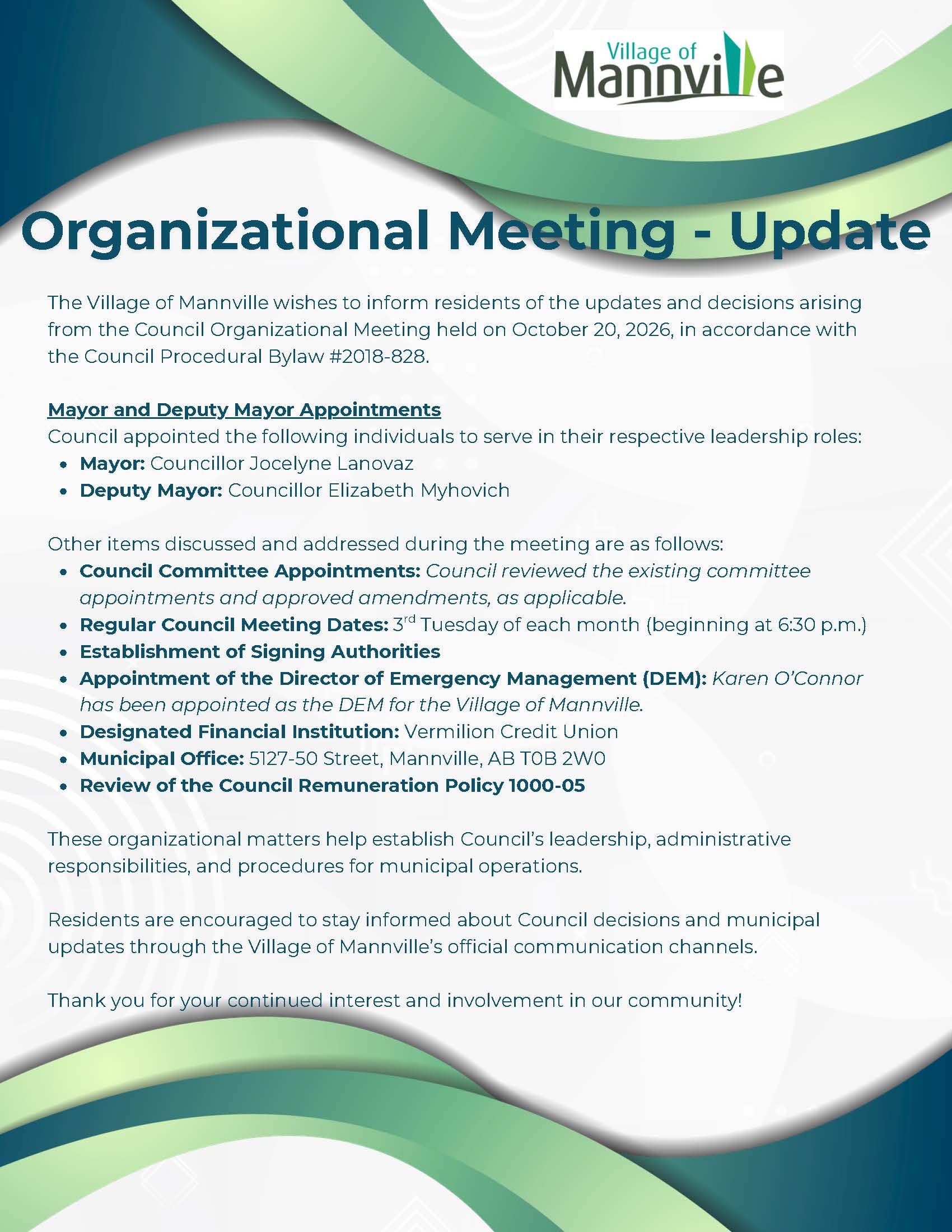 ORGANIZATIONAL MEETING UPDATE